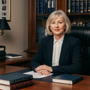 Female Irish solicitor reviewing important legal documents and providing expert counsel in a traditional law office