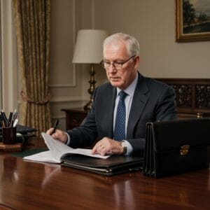 Male Irish solicitor thoughtfully reviewing family law documents with care and professionalism in a traditional law office