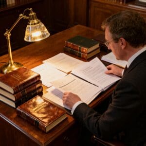 Male Irish solicitor examining corporate and commercial legal documents for a business client in a traditional law office