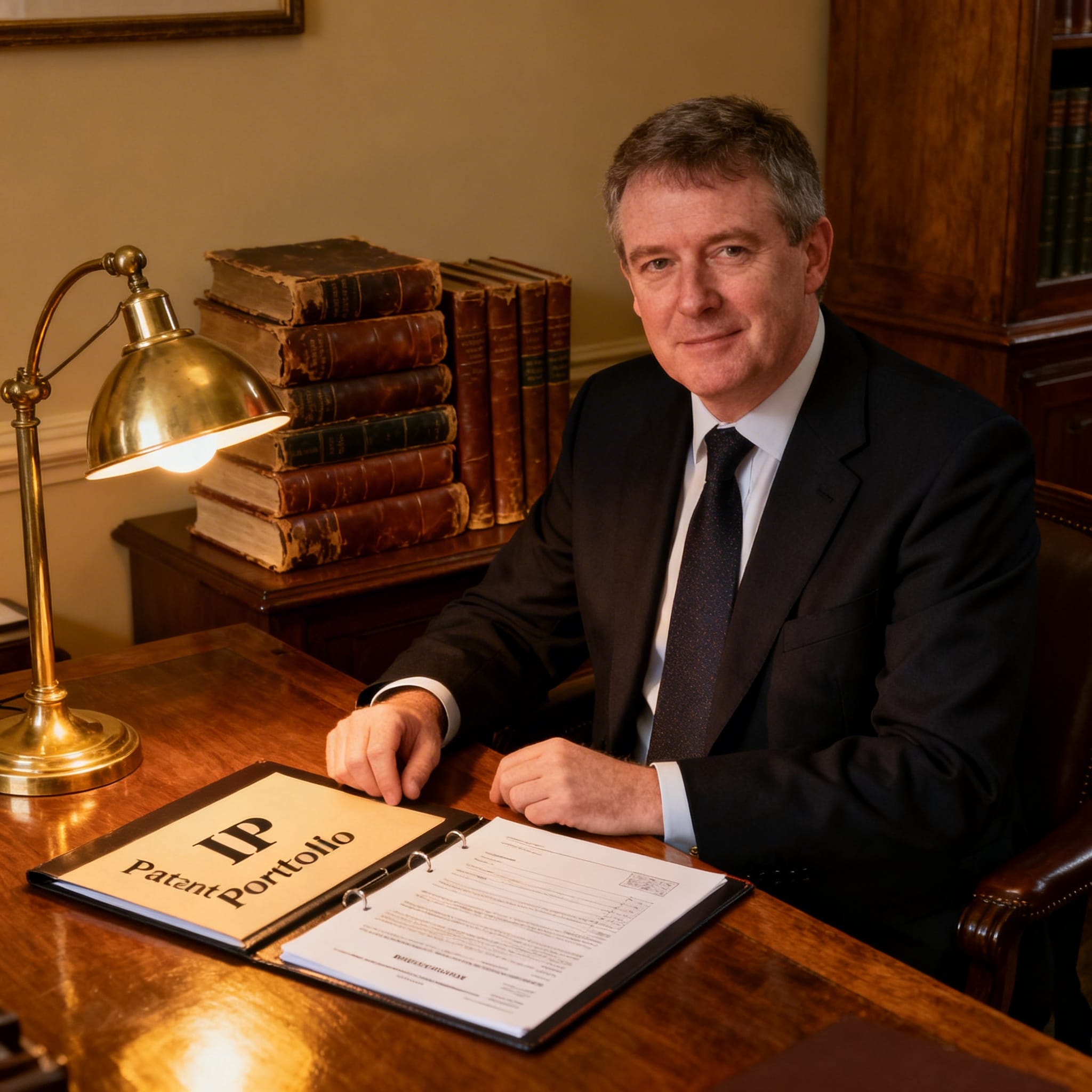 Male Irish solicitor advising on intellectual property matters in a traditional law office