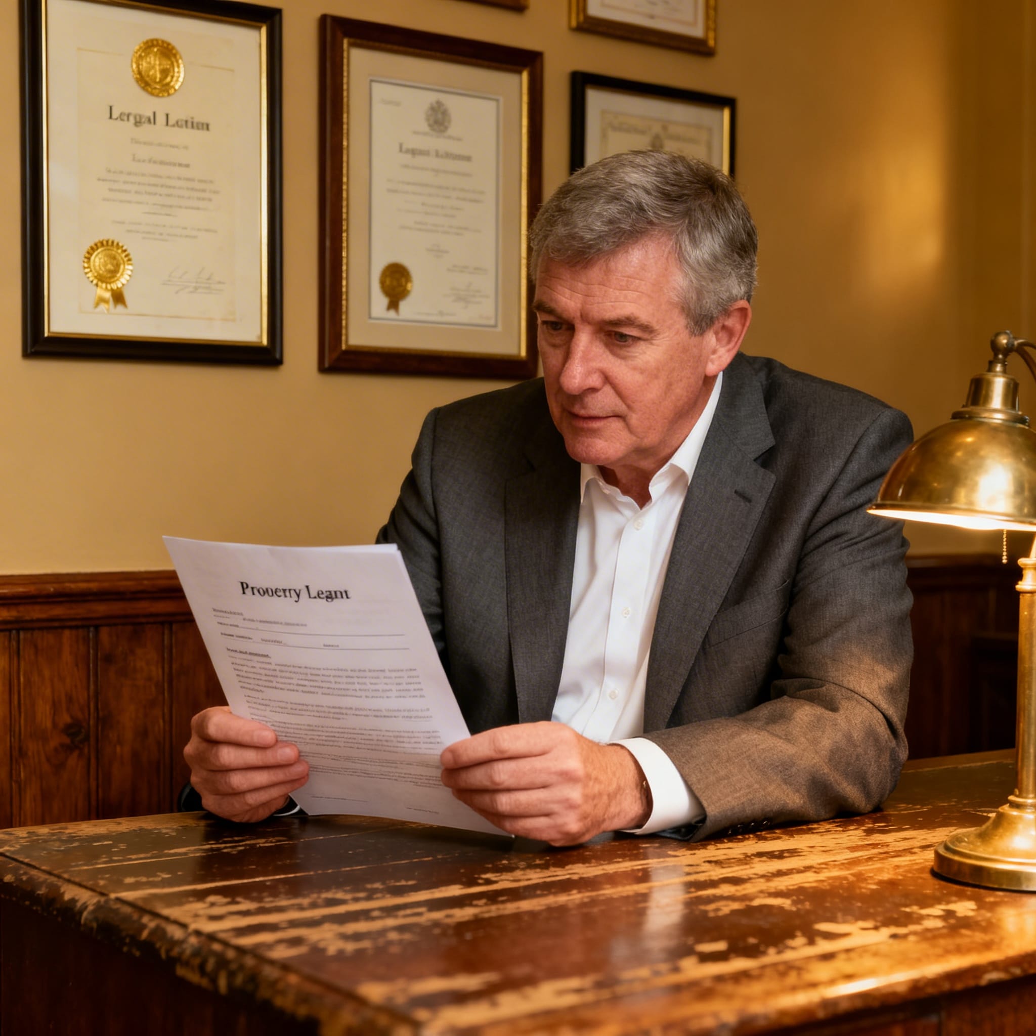Senior male Irish solicitor with landlord legal documentation pack in a traditional law office
