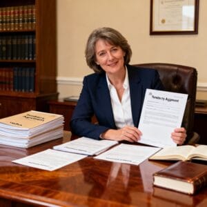 Female Irish solicitor preparing landlord legal pack with tenancy agreements in a traditional law office