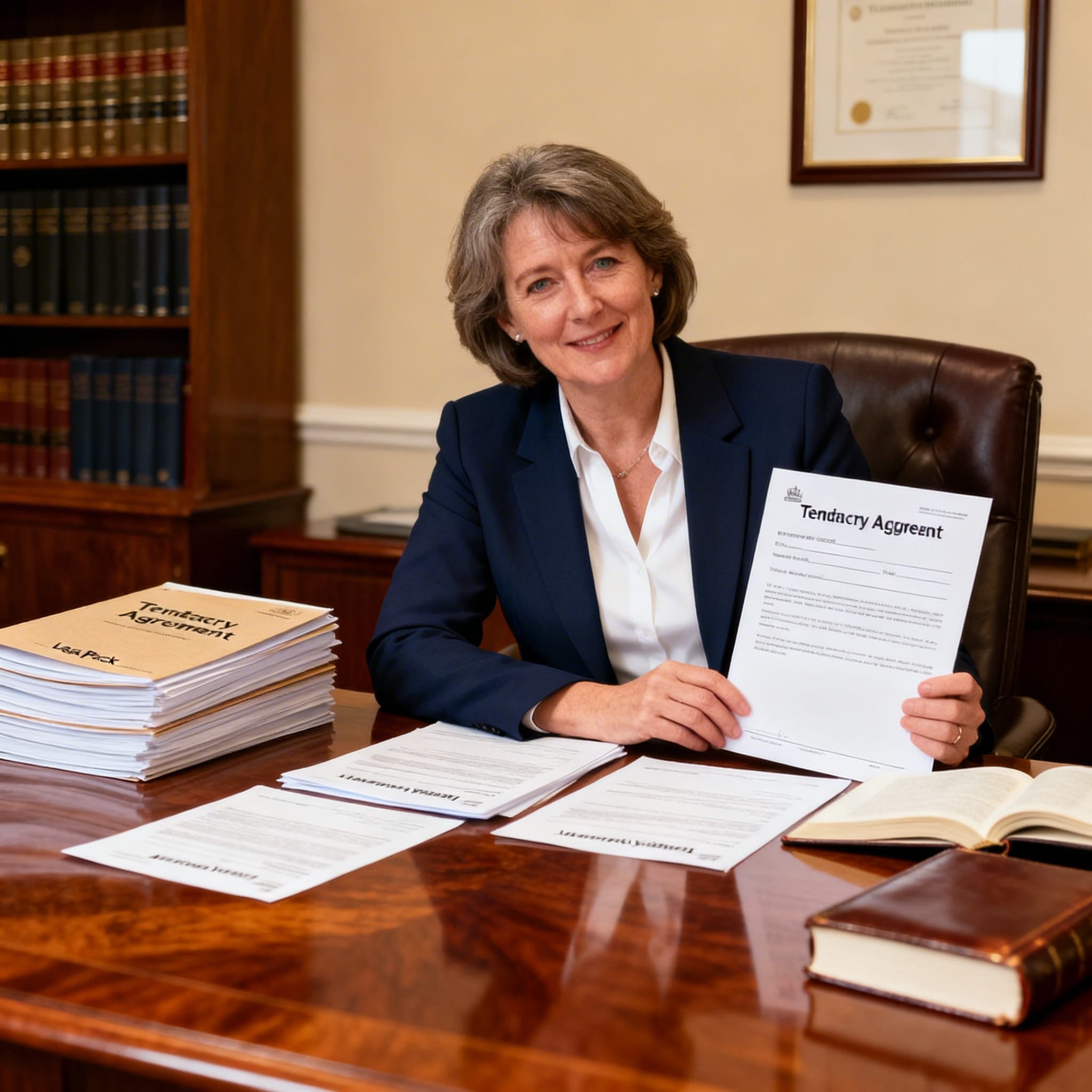 Female Irish solicitor preparing landlord legal pack with tenancy agreements in a traditional law office