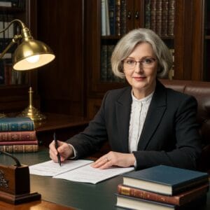 Female Irish solicitor reviewing intellectual property and licensing documentation in a traditional law office