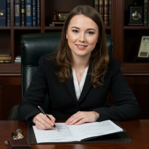 Female Irish solicitor carefully reviewing estate planning and will documents with a fountain pen in a traditional law office
