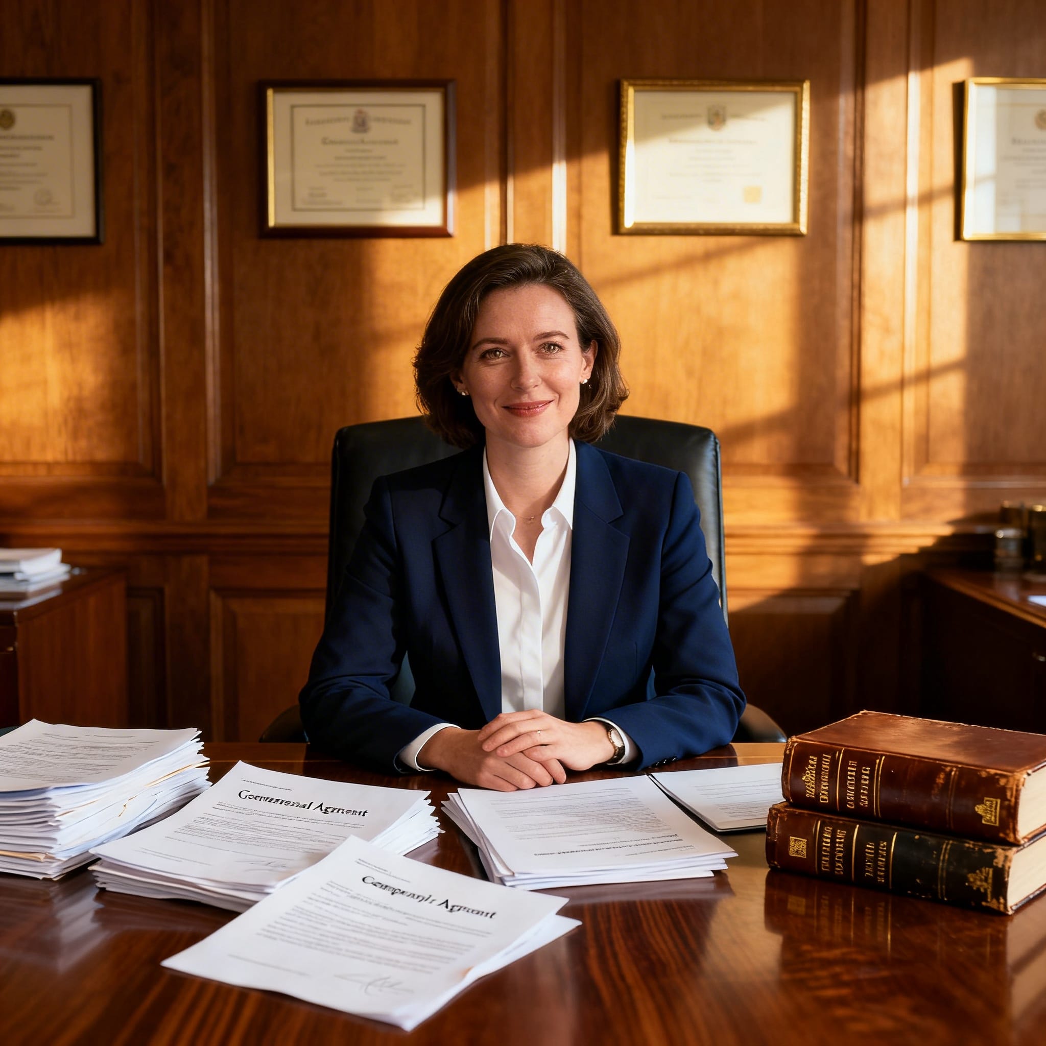 Female Irish solicitor examining corporate and commercial legal documents for a business client in a traditional law office