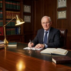 Male Irish solicitor providing professional legal consultation at his desk with notes and reference m in a traditional law office