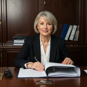 Female Irish solicitor reviewing property law documents and conveyancing papers with detailed annotatio in a traditional law office