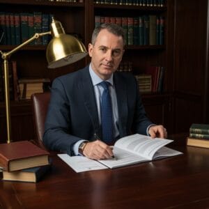 Male Irish solicitor assembling a new business starter pack with company formation documents