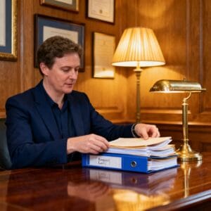 Professional female Irish solicitor preparing a new employer starter pack with employment law documents