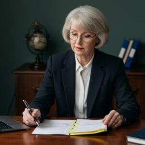 Female Irish solicitor meticulously reviewing a commercial contract with highlighted sections in a traditional law office