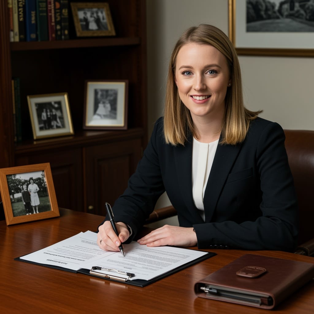Female Irish solicitor reviewing employment law documentation and workplace policy documents in a traditional law office