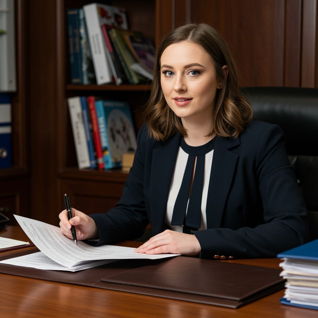 Female Irish solicitor examining corporate and commercial legal documents for a business client in a traditional law office
