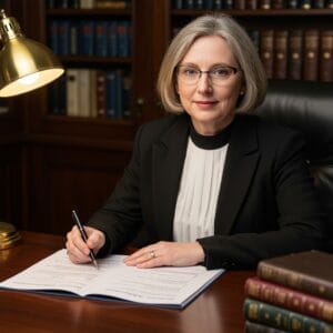 Female Irish solicitor reviewing property law documents and conveyancing papers with detailed annotatio in a traditional law office