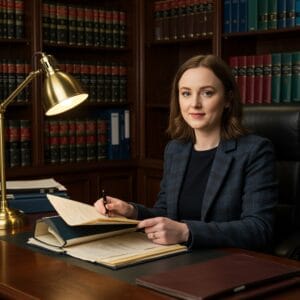 Female Irish solicitor preparing legal correspondence and claim documentation in a traditional law office