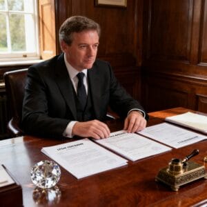 Male Irish solicitor preparing power of attorney documentation with care and precision in a traditional law office
