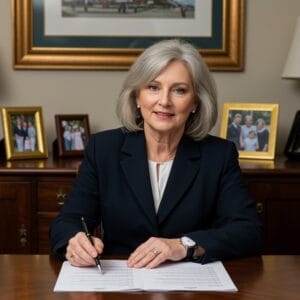 Female Irish solicitor thoughtfully reviewing family law documents with care and professionalism in a traditional law office