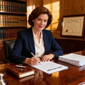 Female Irish solicitor preparing a privacy policy with GDPR guidelines in a traditional law office