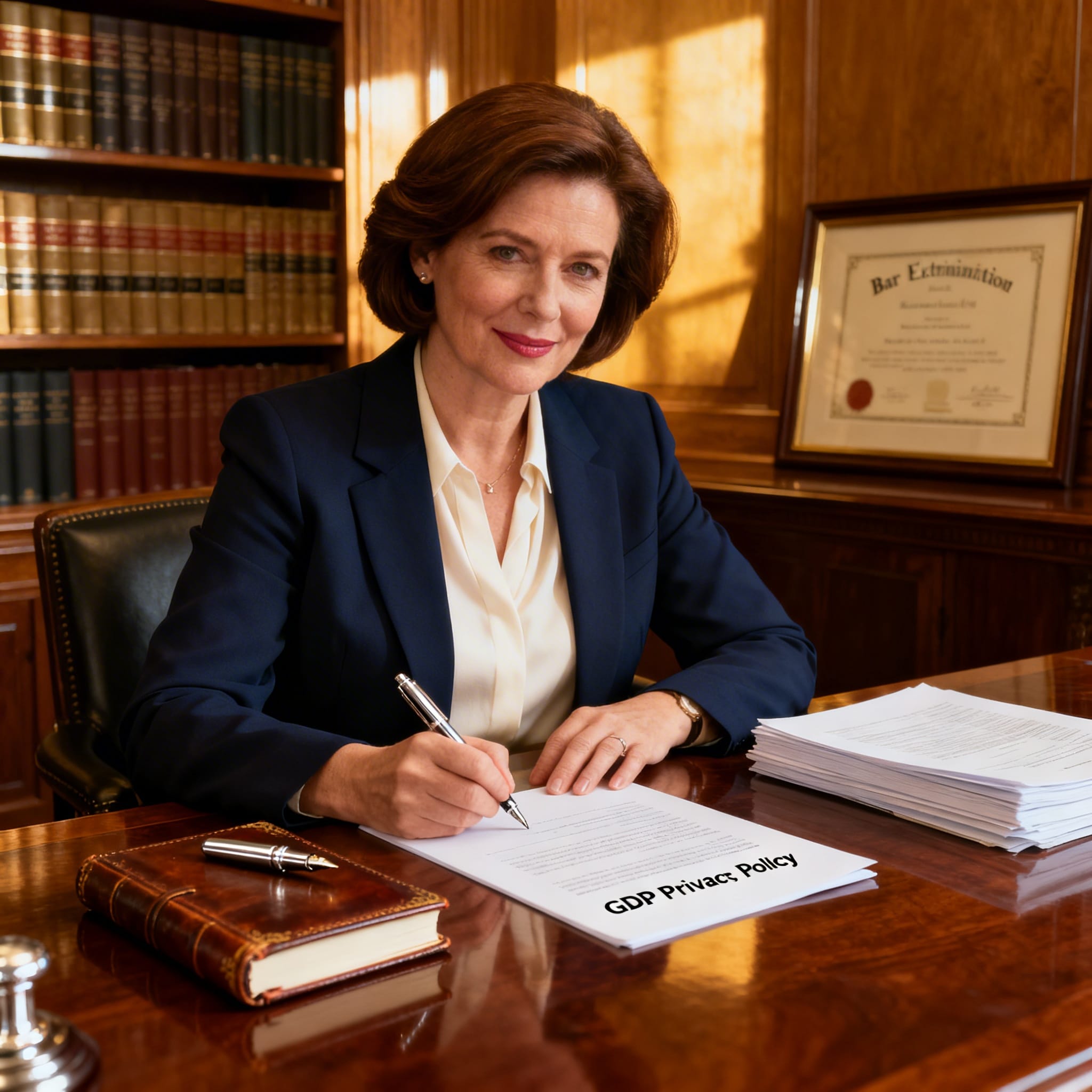 Female Irish solicitor preparing a privacy policy with GDPR guidelines in a traditional law office