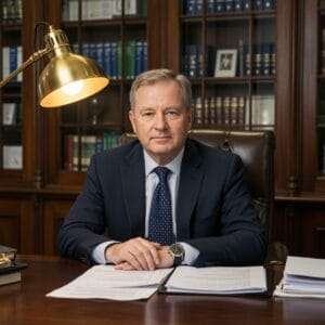 Male Irish solicitor carefully reviewing estate planning and will documents with a fountain pen in a traditional law office