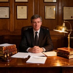 Male Irish solicitor reviewing employment law documentation and workplace policy documents in a traditional law office