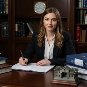 Female Irish solicitor reviewing property law documents and conveyancing papers with detailed annotatio in a traditional law office