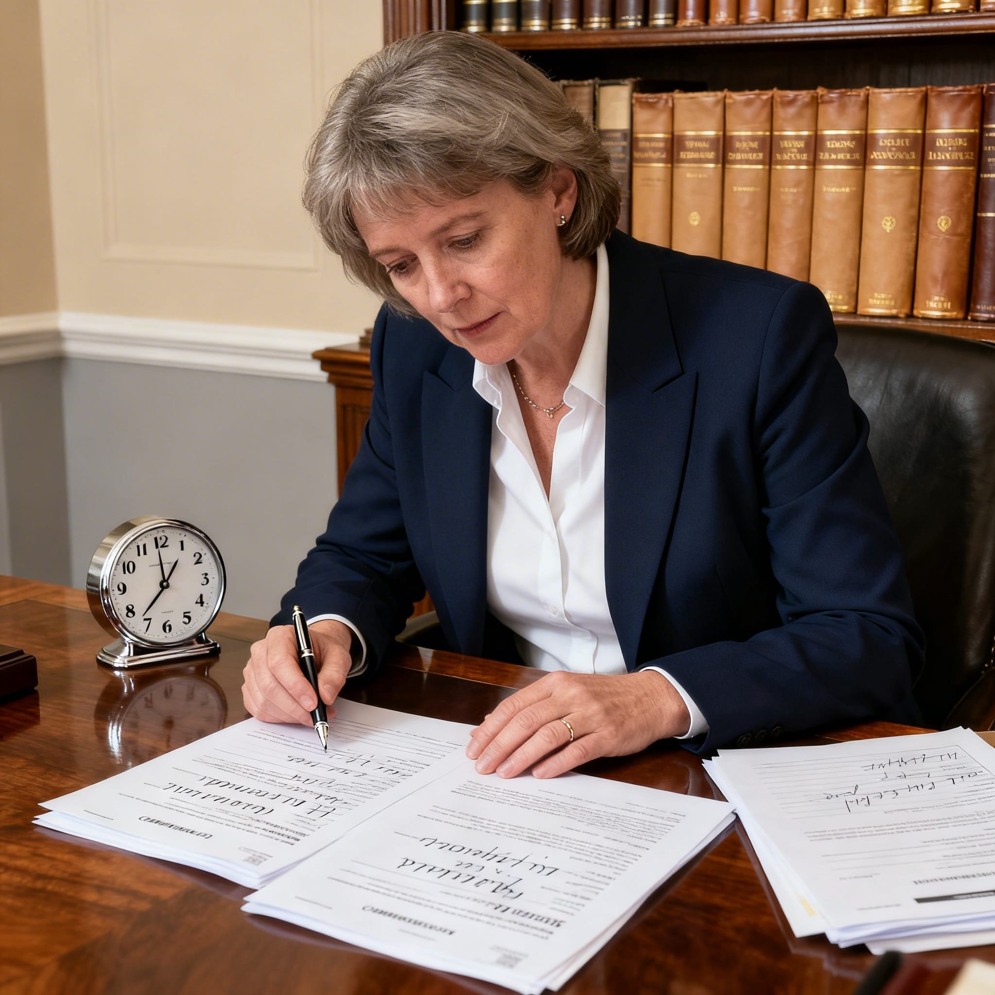 Female Irish solicitor reviewing property law documents and conveyancing papers with detailed annotatio in a traditional law office