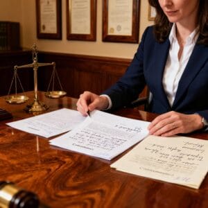 Female Irish solicitor reviewing property law documents and conveyancing papers with detailed annotatio in a traditional law office