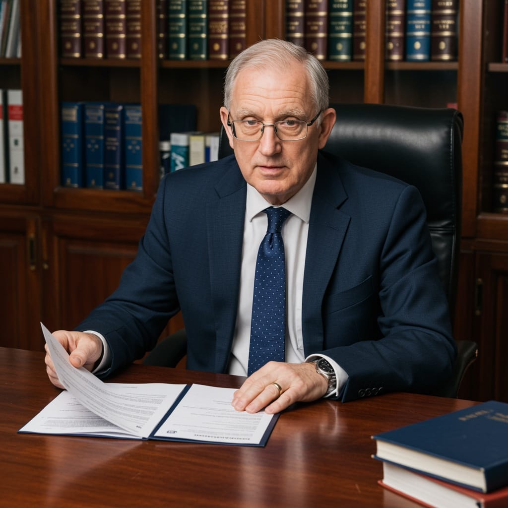 Male Irish solicitor thoughtfully reviewing family law documents with care and professionalism in a traditional law office