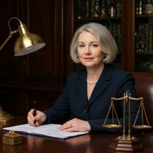 Female Irish solicitor thoughtfully reviewing family law documents with care and professionalism in a traditional law office