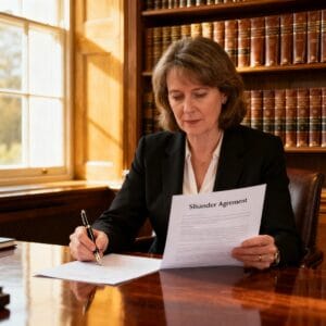 Professional female Irish solicitor drafting a shareholder agreement in a traditional law office
