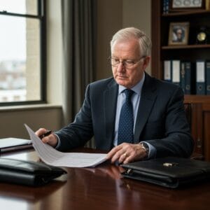 Male Irish solicitor examining corporate and commercial legal documents for a business client in a traditional law office
