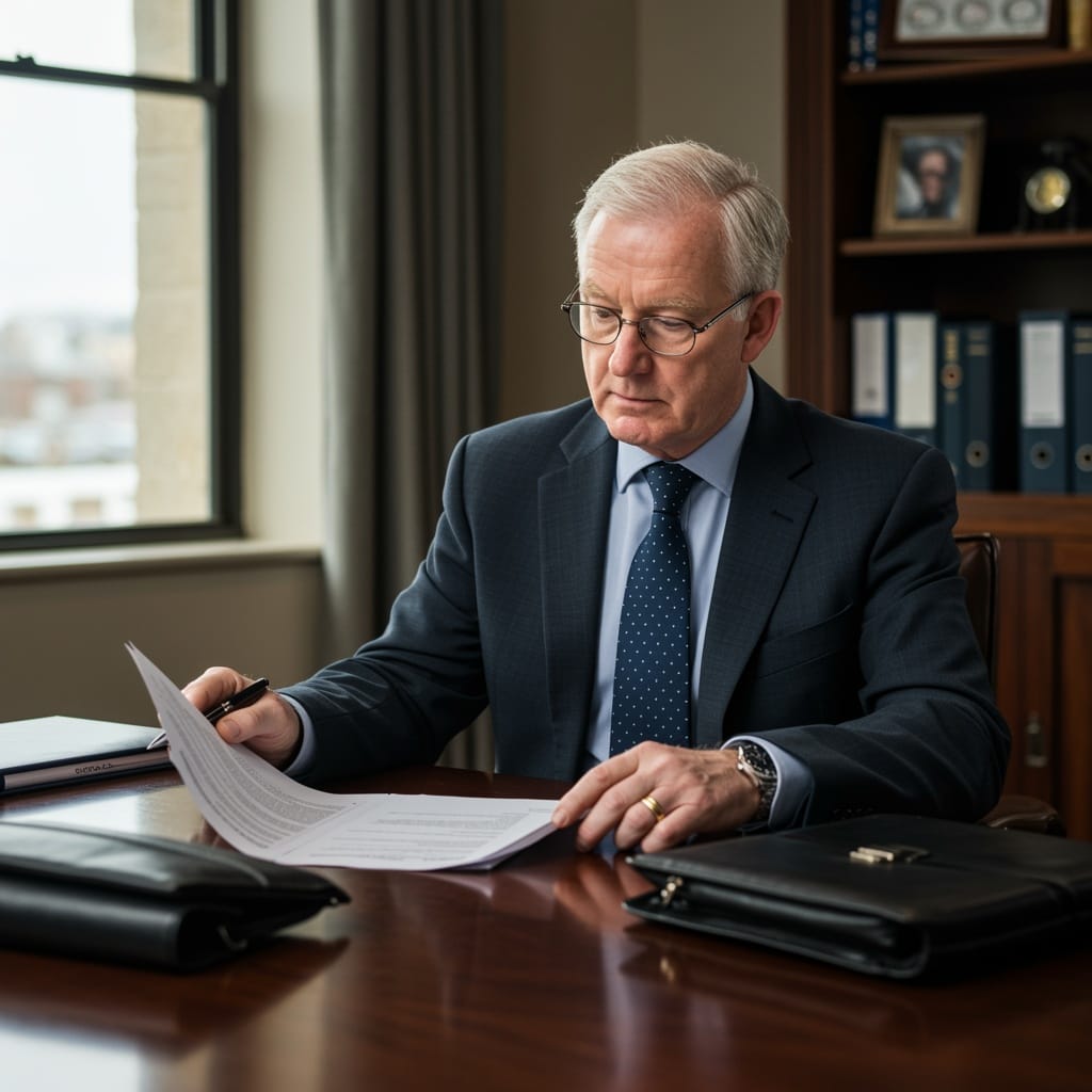 Male Irish solicitor examining corporate and commercial legal documents for a business client in a traditional law office
