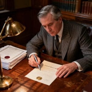 Male Irish solicitor preparing official legal declarations and certified documentation in a traditional law office