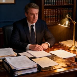 Male Irish solicitor reviewing important legal documents and providing expert counsel in a traditional law office