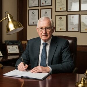 Male Irish solicitor providing professional legal consultation at his desk with notes and reference m in a traditional law office