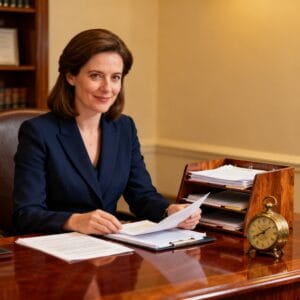 Female Irish solicitor reviewing intellectual property and licensing documentation in a traditional law office