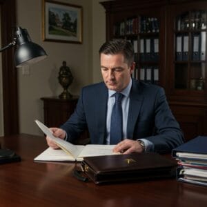 Male Irish solicitor reviewing property law documents and conveyancing papers with detailed annotatio in a traditional law office