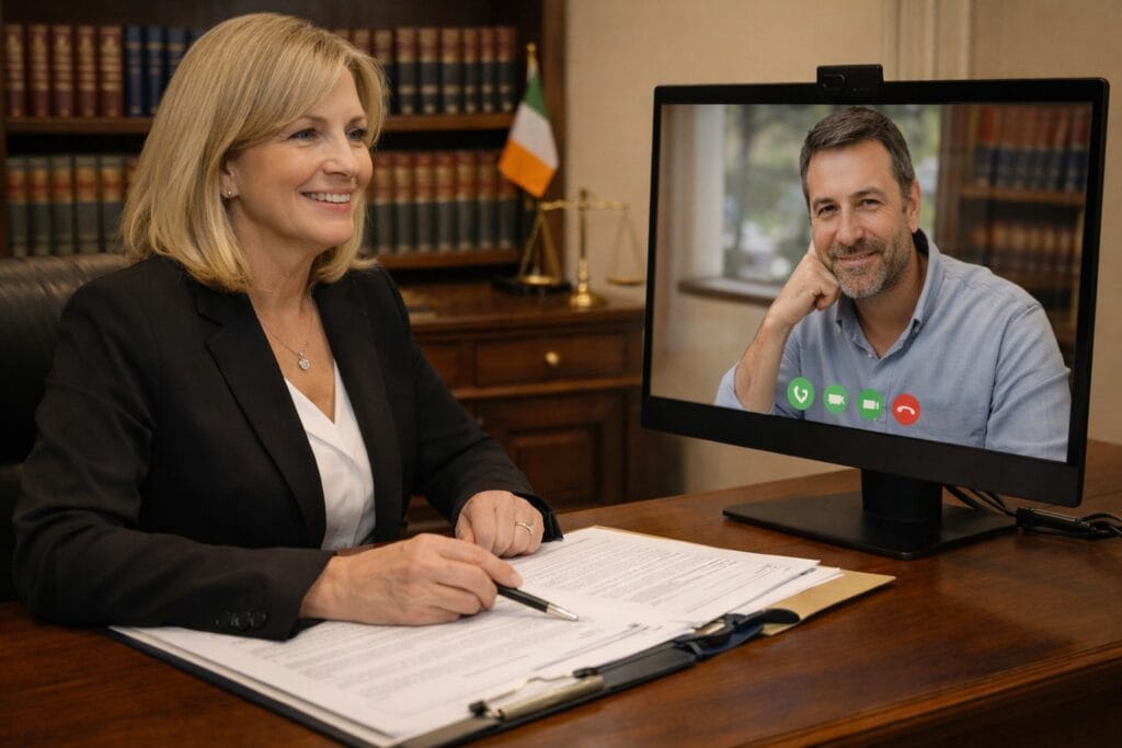 Irish solicitor conducting video consultation with UK-based client from professional law office