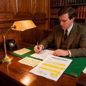 Male Irish solicitor meticulously reviewing a commercial contract with highlighted sections in a traditional law office