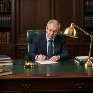 Male Irish solicitor drafting website terms and conditions in a traditional law office