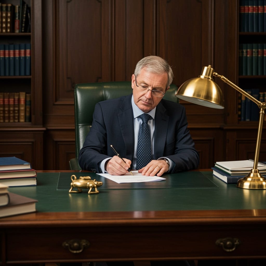 Male Irish solicitor drafting website terms and conditions in a traditional law office