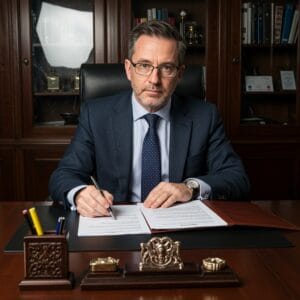 Male Irish solicitor reviewing employment law documentation and workplace policy documents in a traditional law office