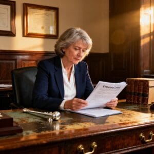 Female Irish solicitor reviewing employment law documentation and workplace policy documents in a traditional law office