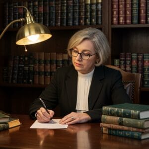 Senior female Irish solicitor drafting a written legal opinion in a traditional law office