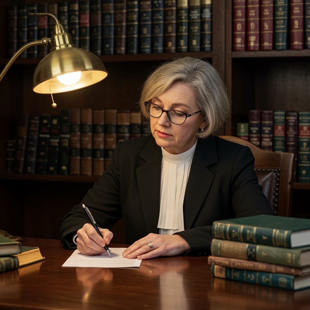 Senior female Irish solicitor drafting a written legal opinion in a traditional law office