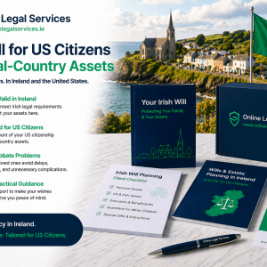 Irish Will for US Citizens with Dual-Country Assets featuring estate planning guides, checklist documents, Irish and US flags, and scenic Irish coastal village backdrop.