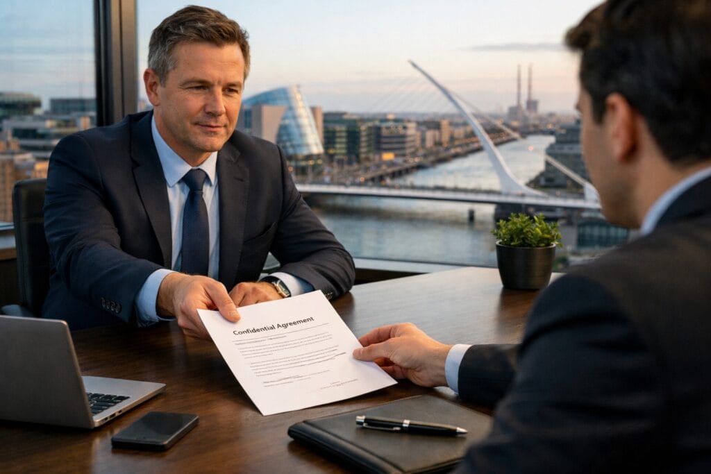 Two business professionals reviewing a non-disclosure agreement in a modern Dublin office with city skyline