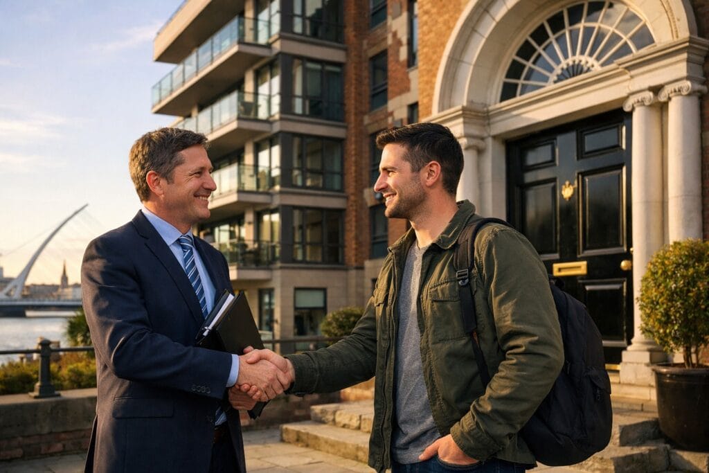 Irish landlord and tenant shaking hands outside Dublin apartment building discussing new rental laws