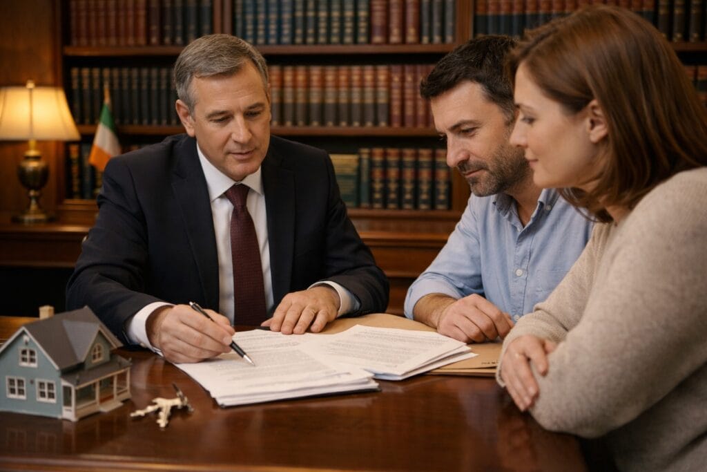 Solicitor reviewing property sale documents with clients in Irish law office